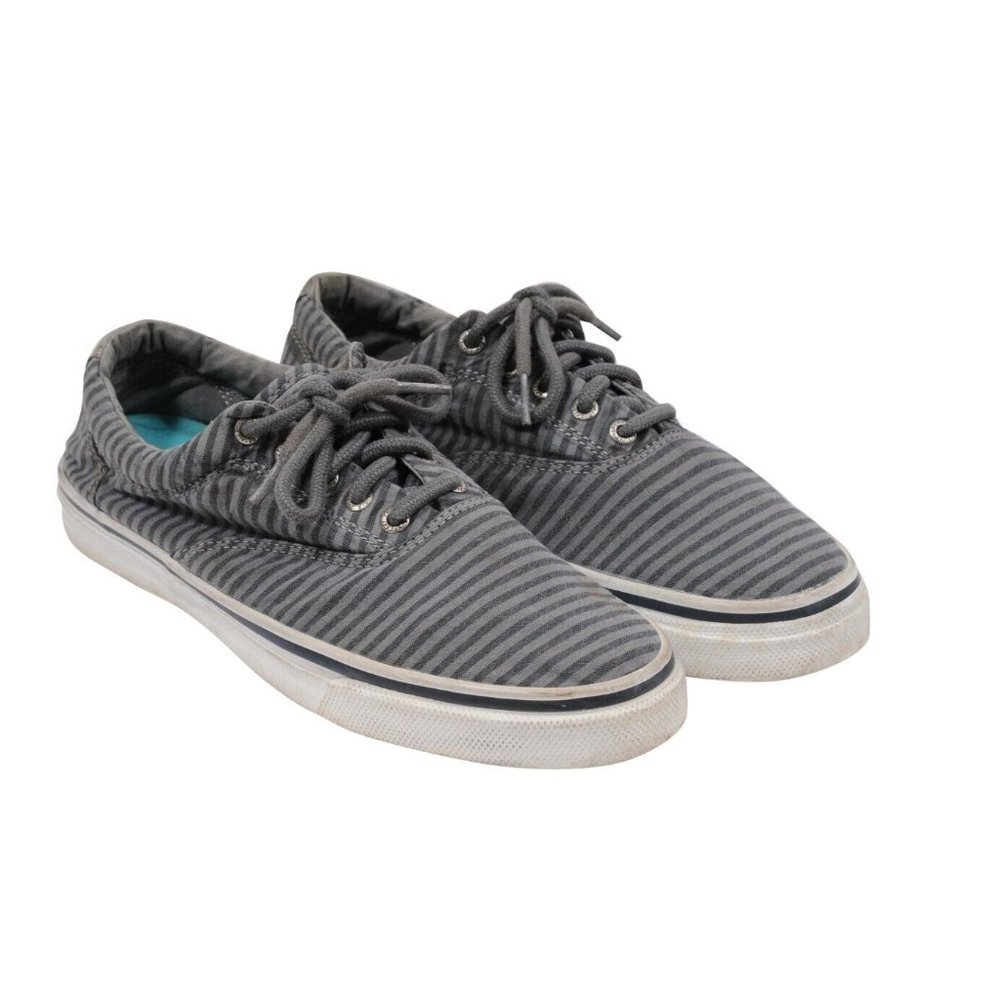 Sperry Mens Top Sider Shoes US 10.5 M Gray Striped Canvas Lace Up Sneakers